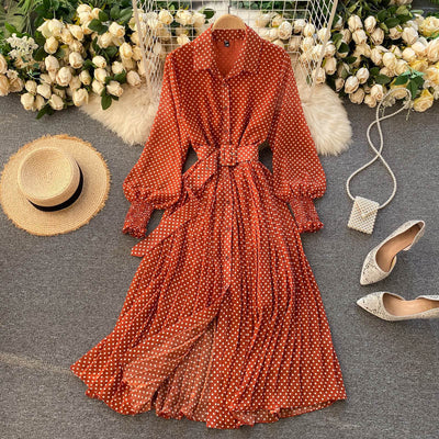 Polka Dot Chiffon Pleated Dress