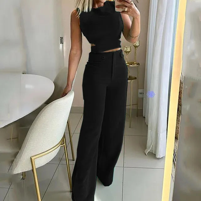 Jhara - Chic Cropped Top High Waist Long Pants Suits