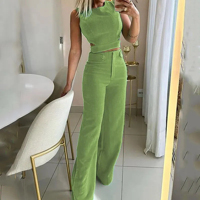 Jhara - Chic Cropped Top High Waist Long Pants Suits