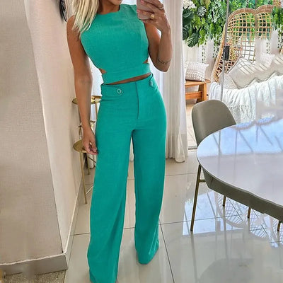 Jhara - Chic Cropped Top High Waist Long Pants Suits